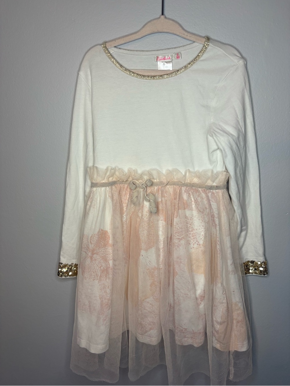 Billieblush Girls Cream and Peach Tulle Dress with Gold Trim